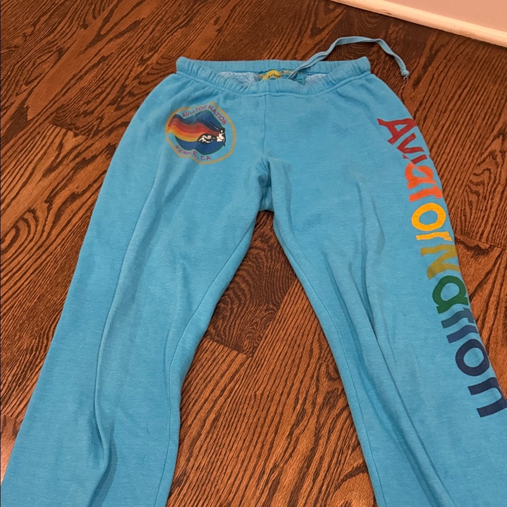 Aviator Nation Light Blue Sweatpants with Rainbow Logo